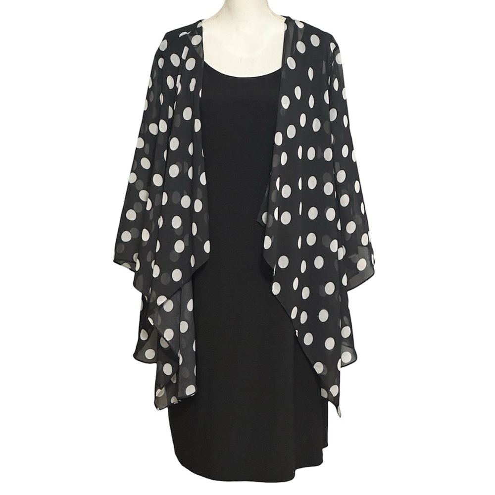 Tiana B Vintage Polka Dot Sheer Flowy Lightweight Duster Blazer Black Dress